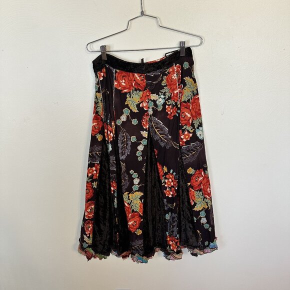 Womens Y2K Velvet Maxi Skirt Large Brown Floral Full Julie G Festival Paneled - Picture 3 of 7